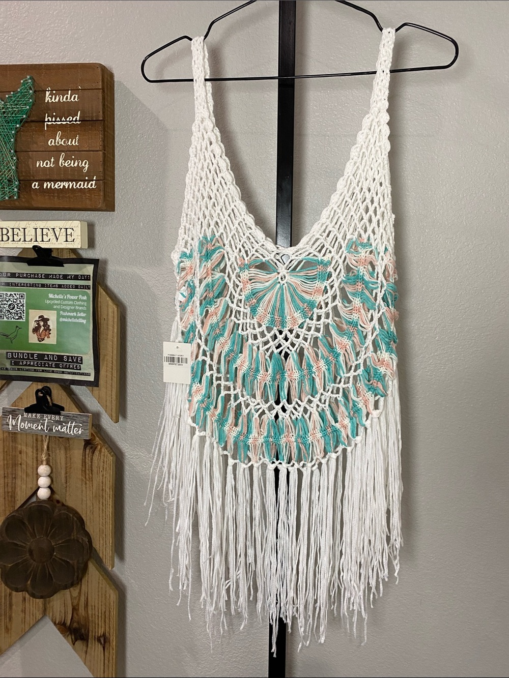 Source Unknown White Macramé Wall Hanging with Teal and Peach Accents pp20-25